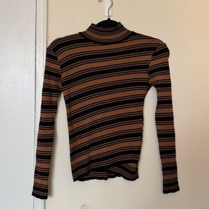 Mock Neck Brown & Black Striped Long Sleeve Top with Criss Cross Hem